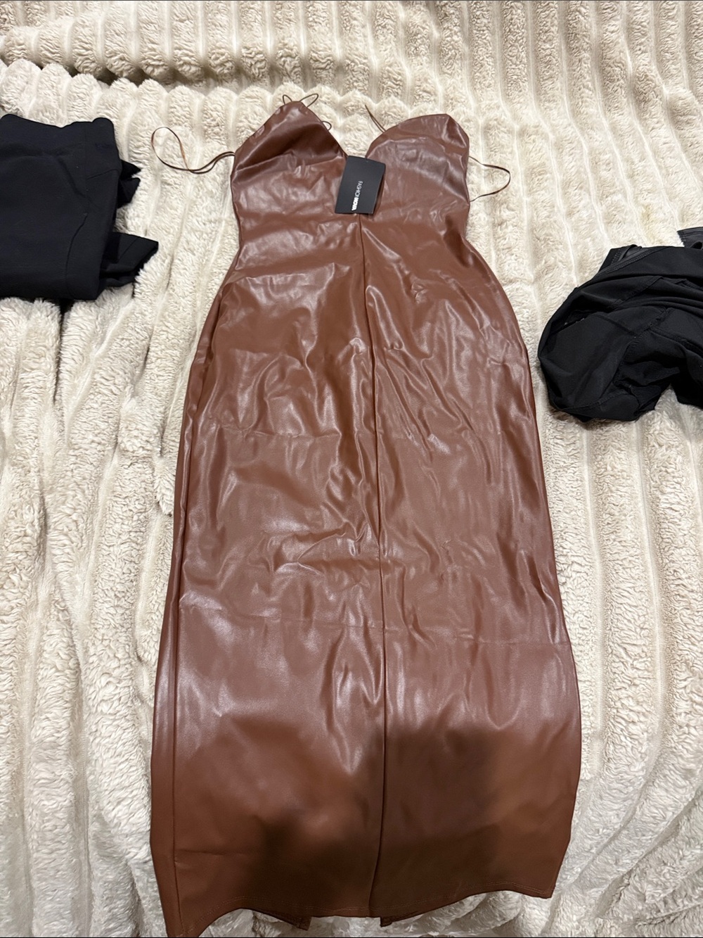 Fashion Nova Brown Faux Leather Spaghetti-Strap Midi Dress